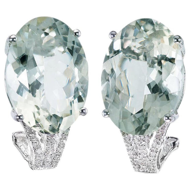 21.00 Carat Green Quartz Diamond White Gold Earrings