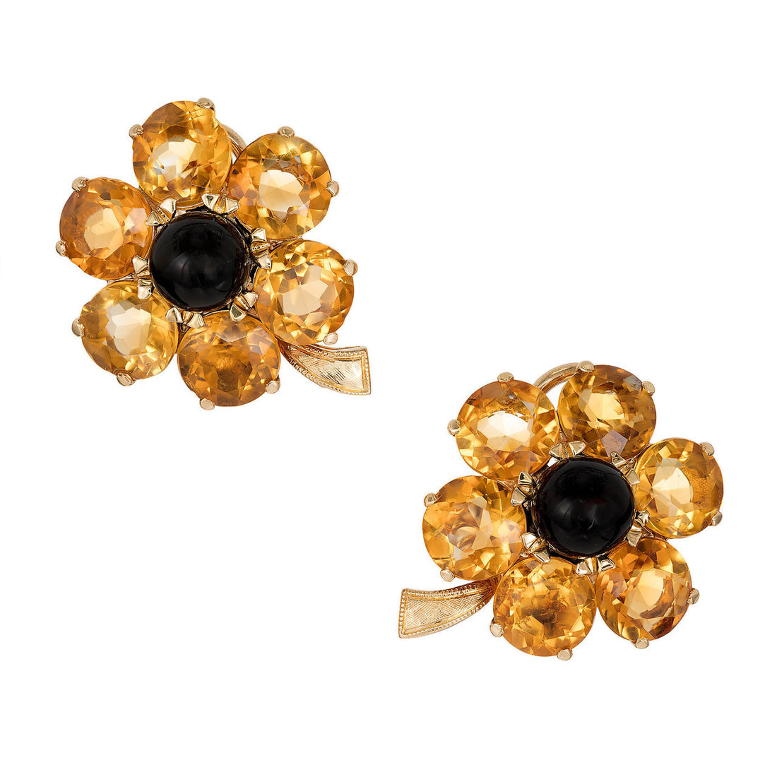 27.00 Carat Citrine Black Onyx Yellow Gold Flower Post Clip Earrings – image 2