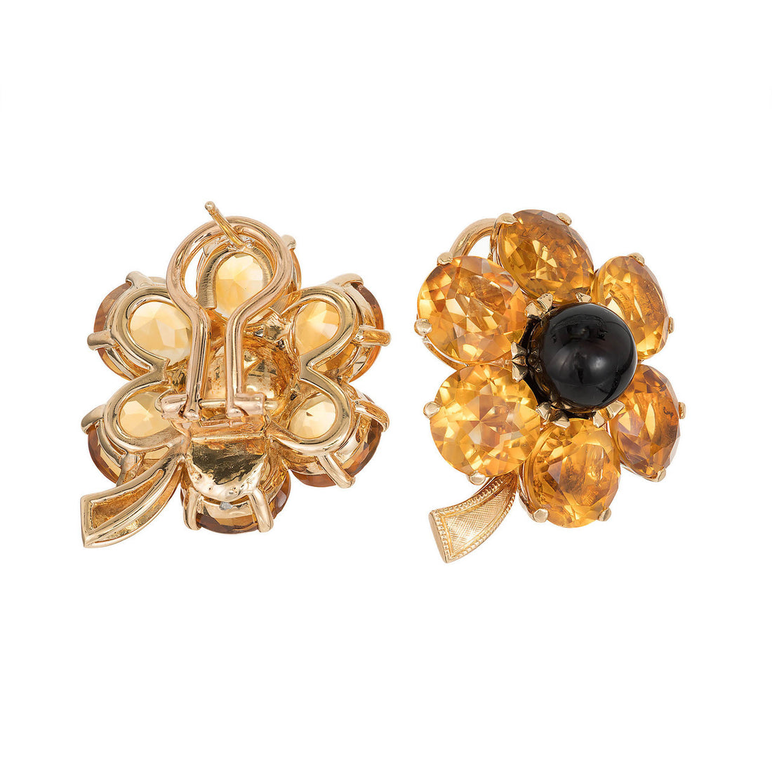 27.00 Carat Citrine Black Onyx Yellow Gold Flower Post Clip Earrings – image 6