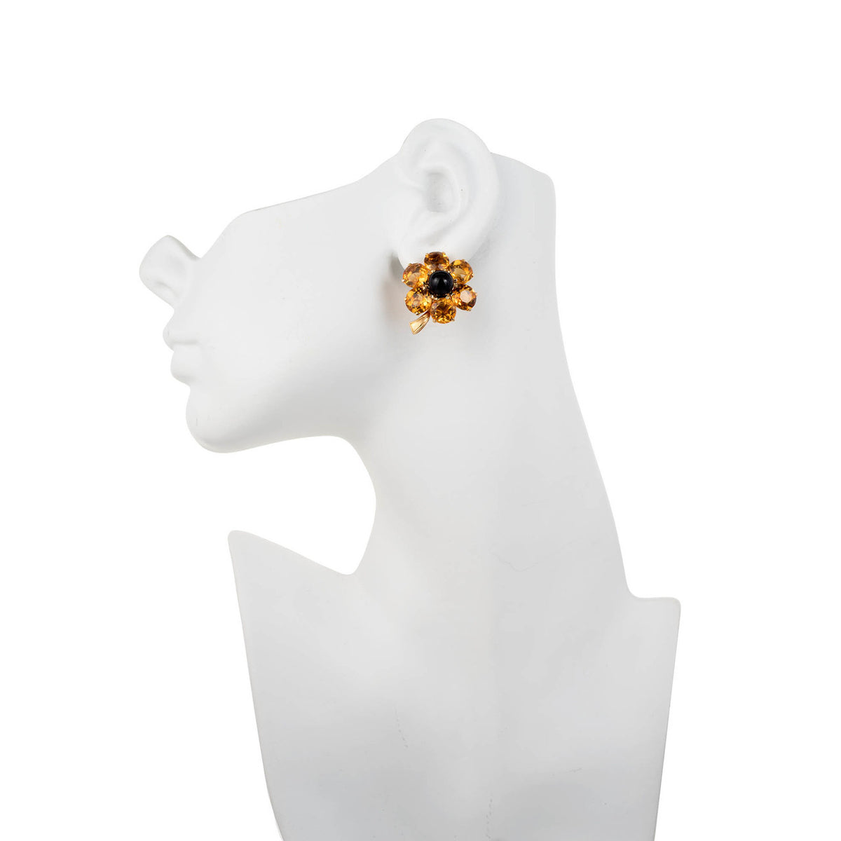 27.00 Carat Citrine Black Onyx Yellow Gold Flower Post Clip Earrings – image 5