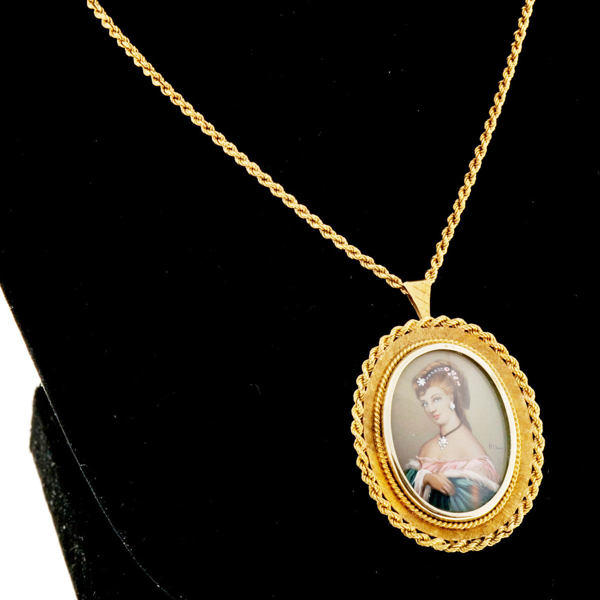 Vintage Portrait Painting 18k Gold 24 Inch Chain .03ct Diamond Pendant Italian – image 10