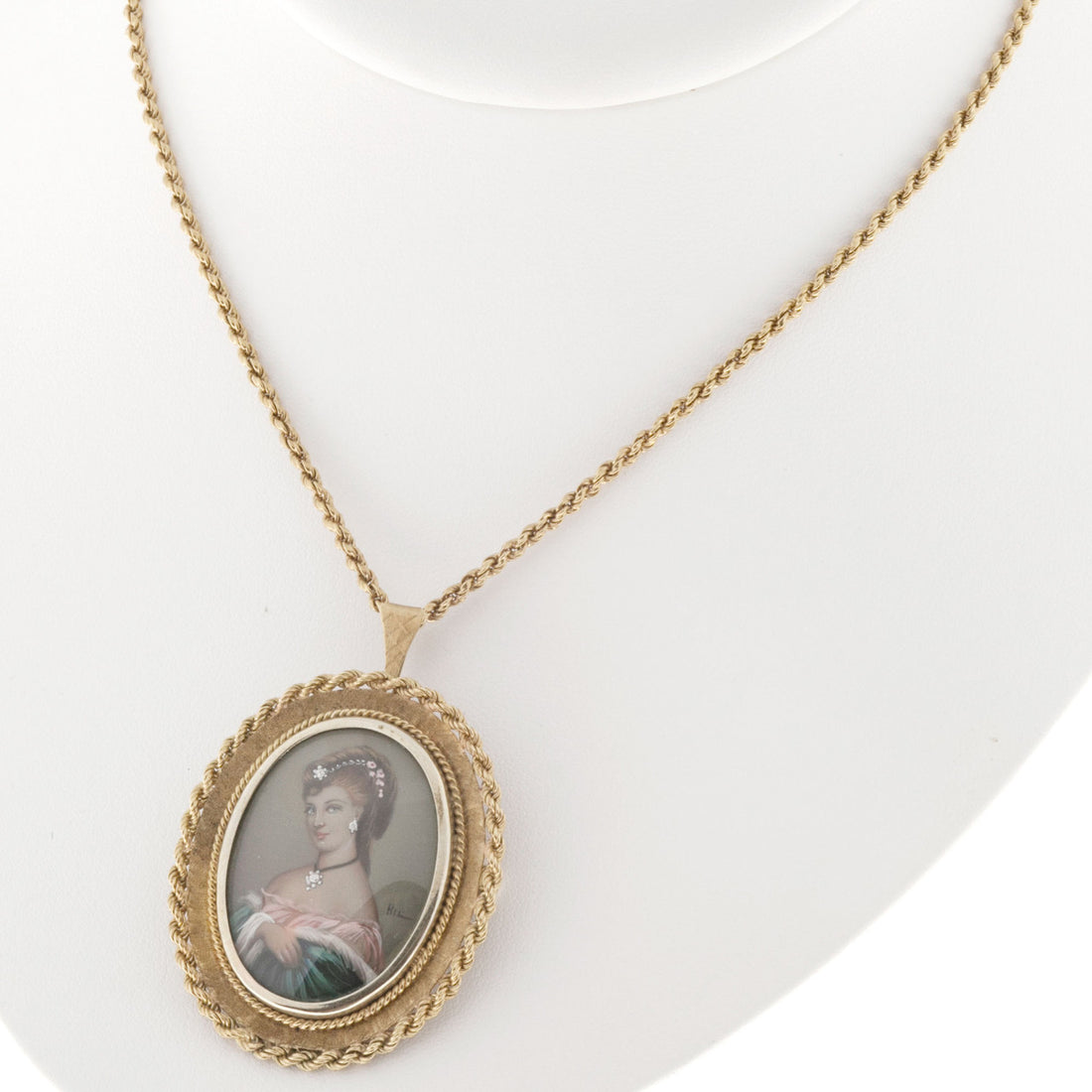 Vintage Portrait Painting 18k Gold 24 Inch Chain .03ct Diamond Pendant Italian – image 12