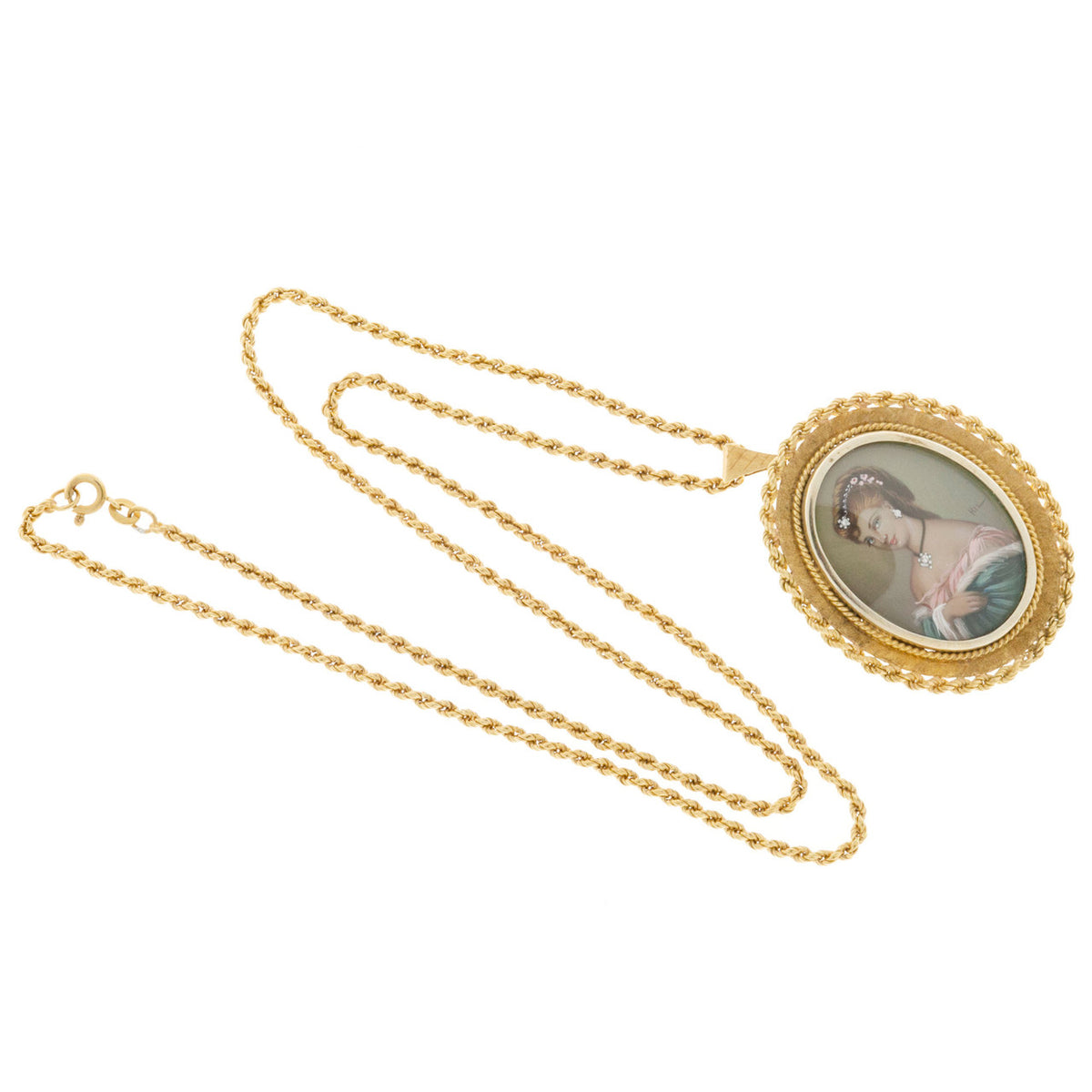 Vintage Portrait Painting 18k Gold 24 Inch Chain .03ct Diamond Pendant Italian – image 5