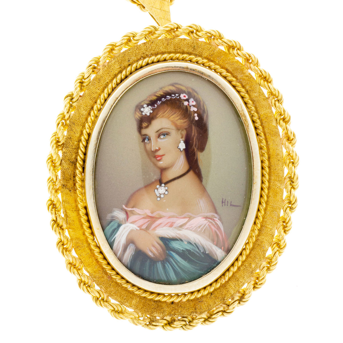 Vintage Portrait Painting 18k Gold 24 Inch Chain .03ct Diamond Pendant Italian