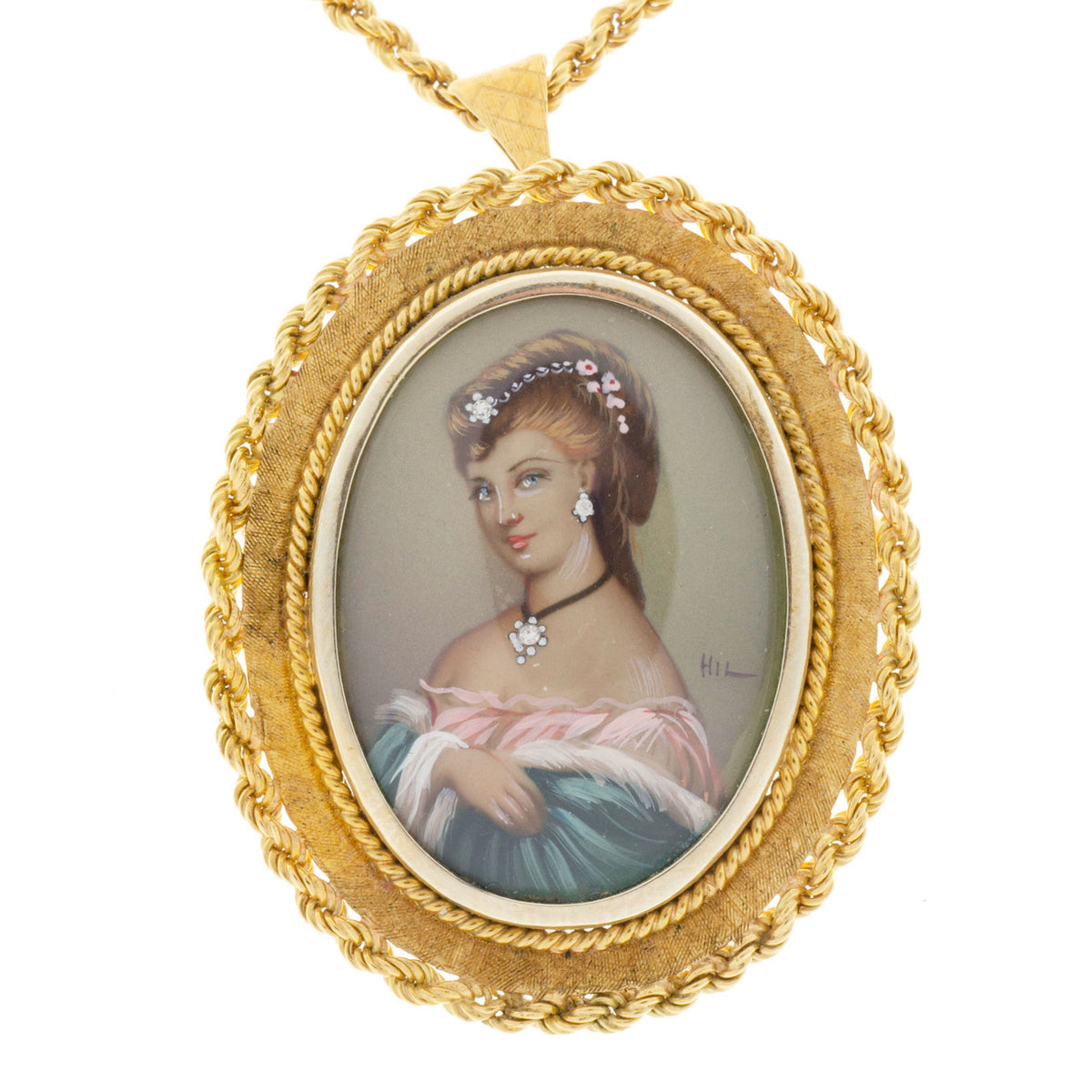 Vintage Portrait Painting 18k Gold 24 Inch Chain .03ct Diamond Pendant Italian – image 9
