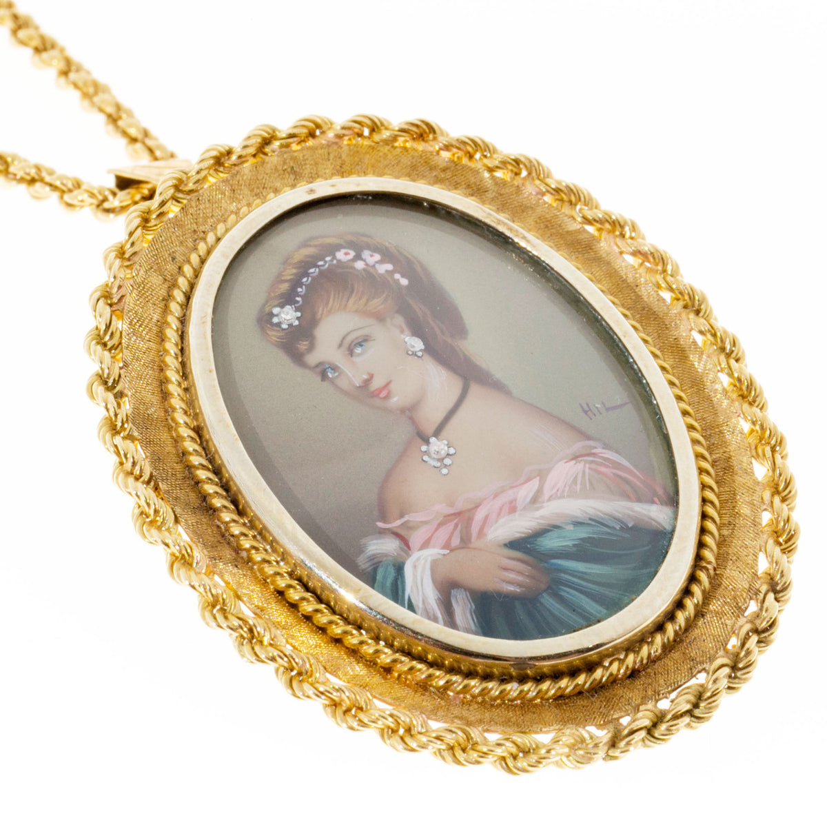 Vintage Portrait Painting 18k Gold 24 Inch Chain .03ct Diamond Pendant Italian – image 7