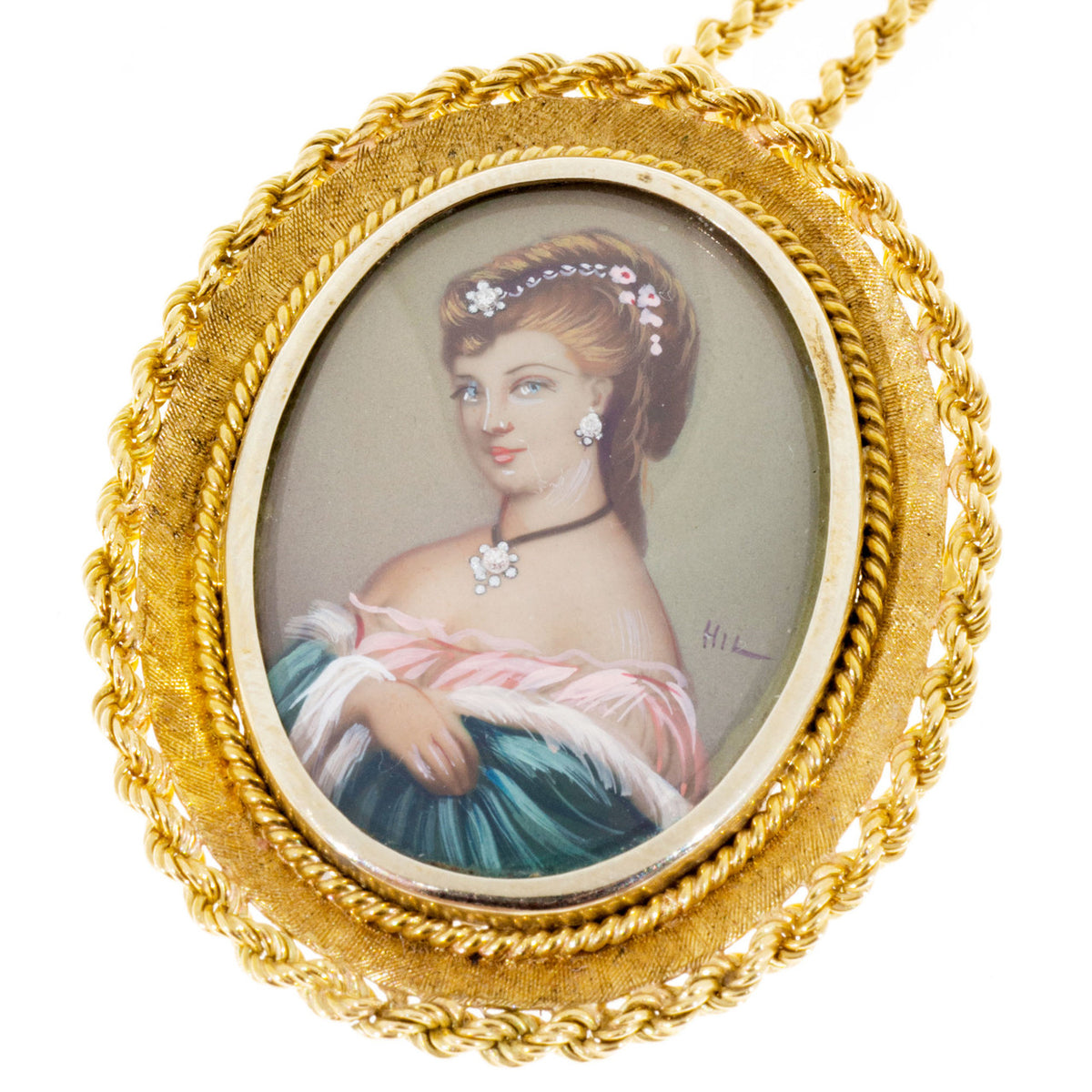 Vintage Portrait Painting 18k Gold 24 Inch Chain .03ct Diamond Pendant Italian – image 6