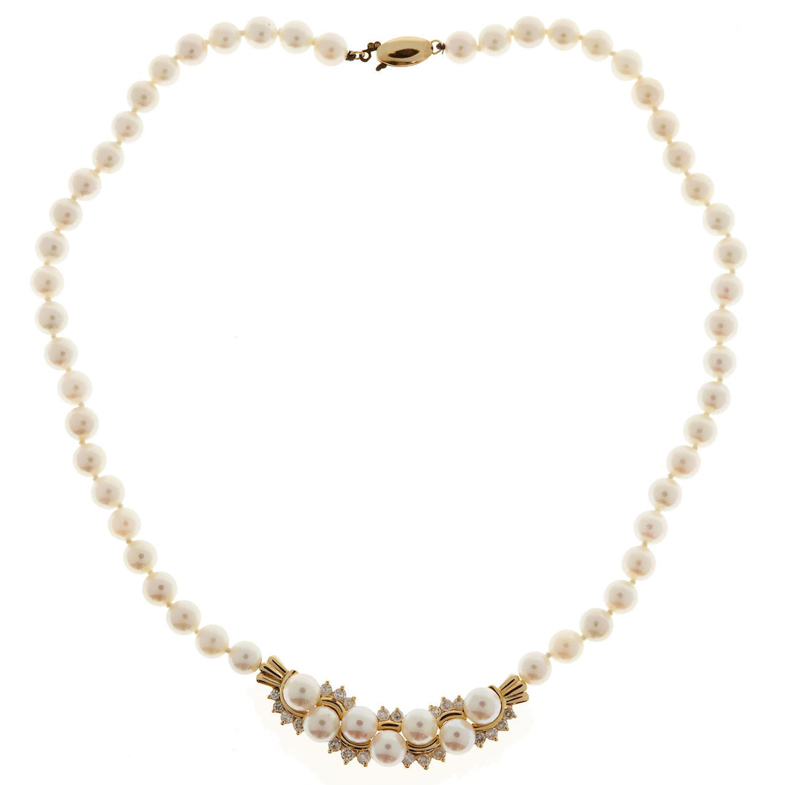 Vintage 1960 Pearl 14k Yellow Gold Diamond 6.25mm Necklace 1.00ct – image 3