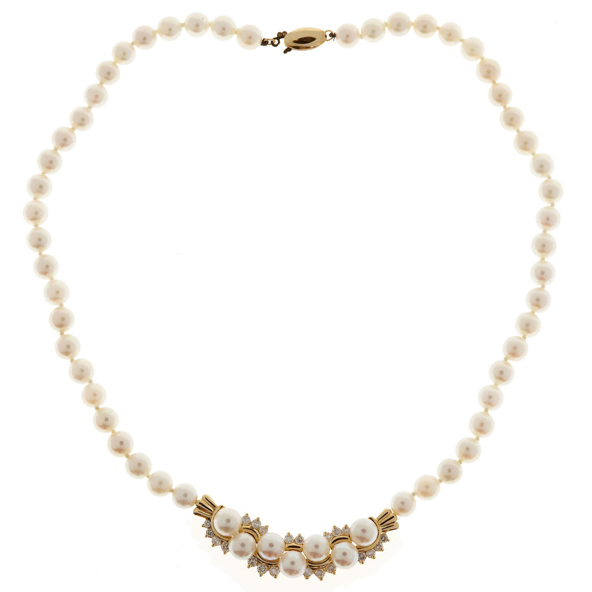 Vintage 1960 Pearl 14k Yellow Gold Diamond 6.25mm Necklace 1.00ct – image 3