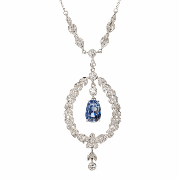 5.58 Carat  Blue Sapphire Diamond Platinum Pendant Necklace