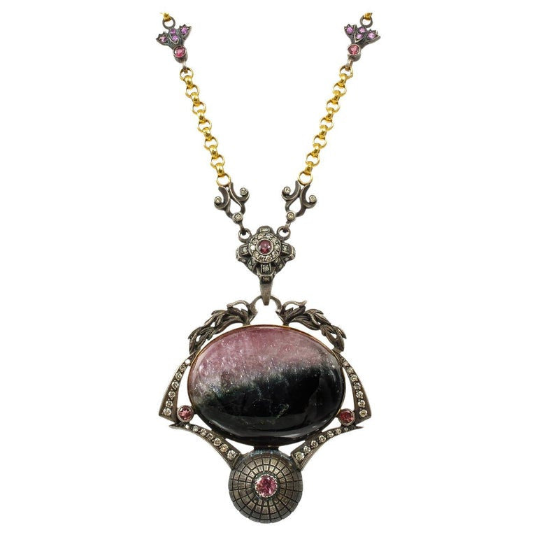 Byzantine Blackened Silver 18K Gold Cabochon Tourmaline Diamond Pendant