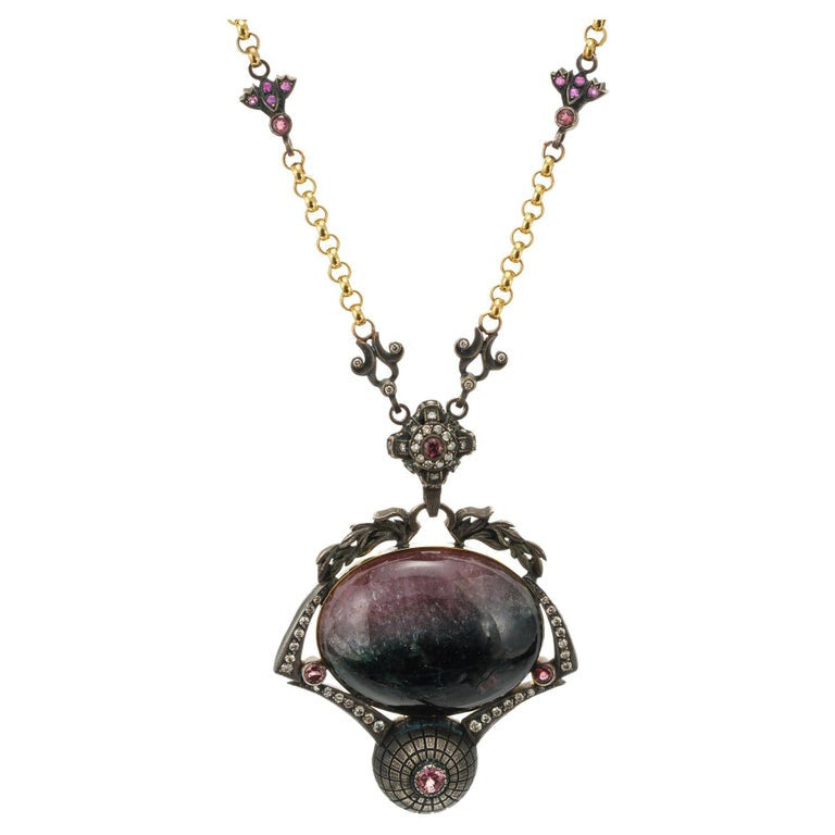 Byzantine Blackened Silver 18K Gold Cabochon Tourmaline Diamond Pendant – image 5
