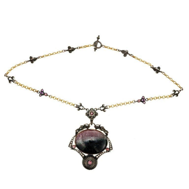Byzantine Blackened Silver 18K Gold Cabochon Tourmaline Diamond Pendant – image 2