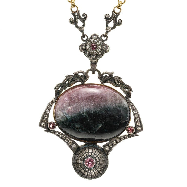 Byzantine Blackened Silver 18K Gold Cabochon Tourmaline Diamond Pendant – image 4