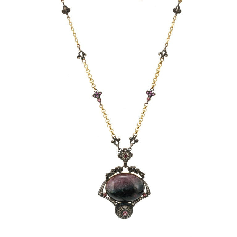 Byzantine Blackened Silver 18K Gold Cabochon Tourmaline Diamond Pendant – image 3