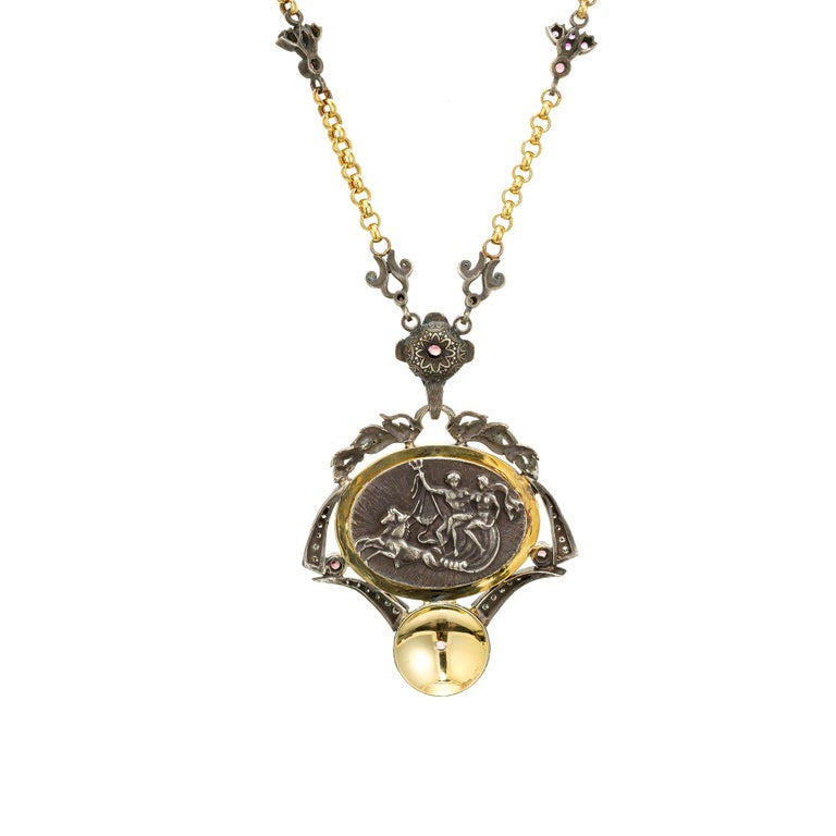 Byzantine Blackened Silver 18K Gold Cabochon Tourmaline Diamond Pendant – image 8
