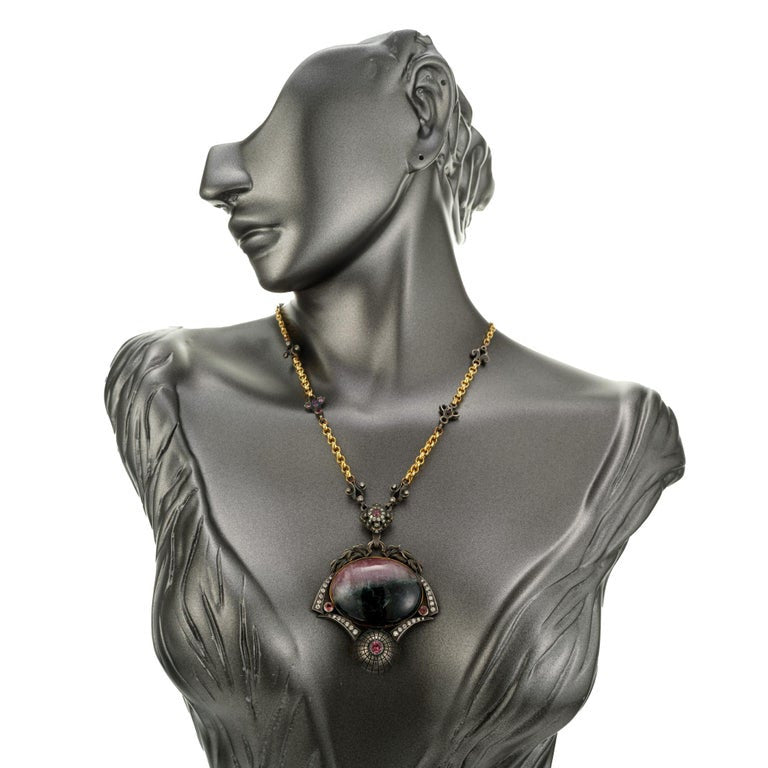 Byzantine Blackened Silver 18K Gold Cabochon Tourmaline Diamond Pendant – image 6