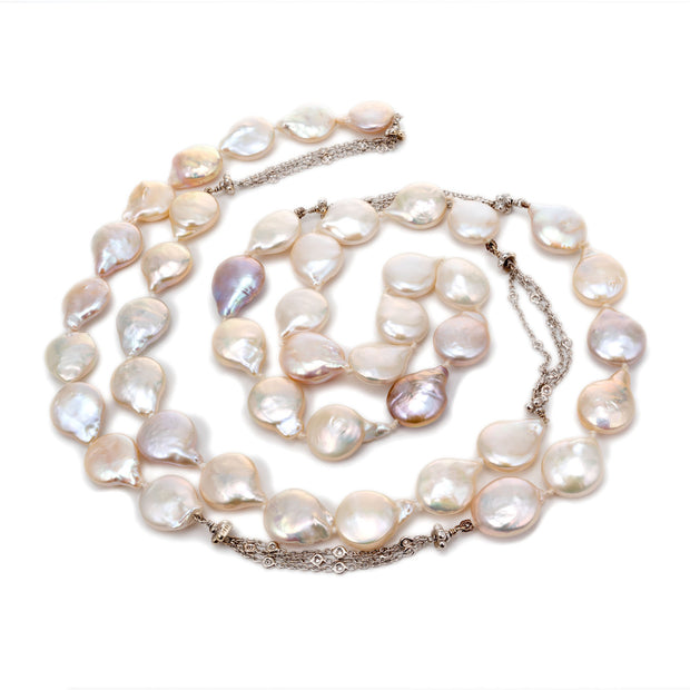 Freshwater Coin Pearl 36 Inch Necklace 18k White Gold Chain & Diamonds