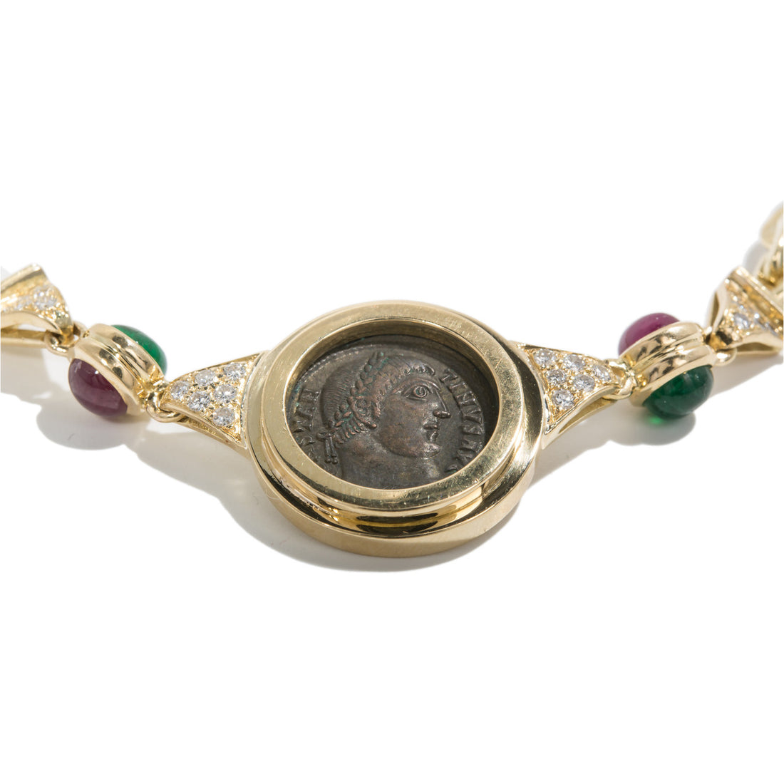 Estate Ancient Roman Coin 18K Yellow Gold Necklace Emerald Ruby Diamonds – image 8
