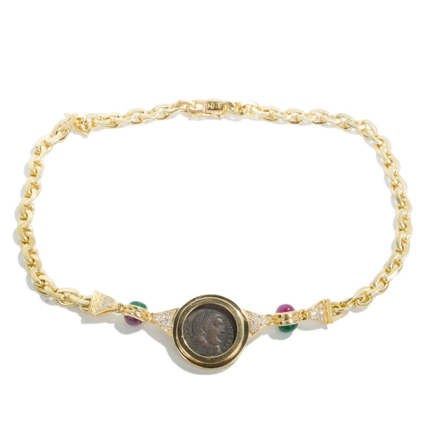 Estate Ancient Roman Coin 18K Yellow Gold Necklace Emerald Ruby Diamonds