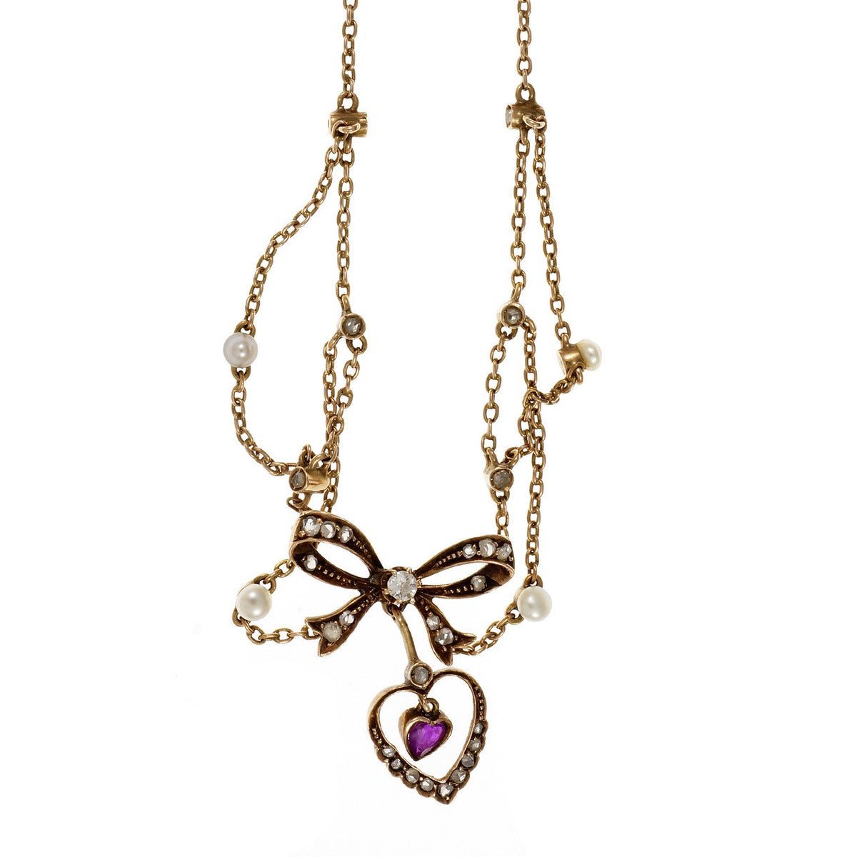 Victorian Natural GIA Heart Ruby Necklace 14k Gold Pearl Rose Cut Diamond – image 3