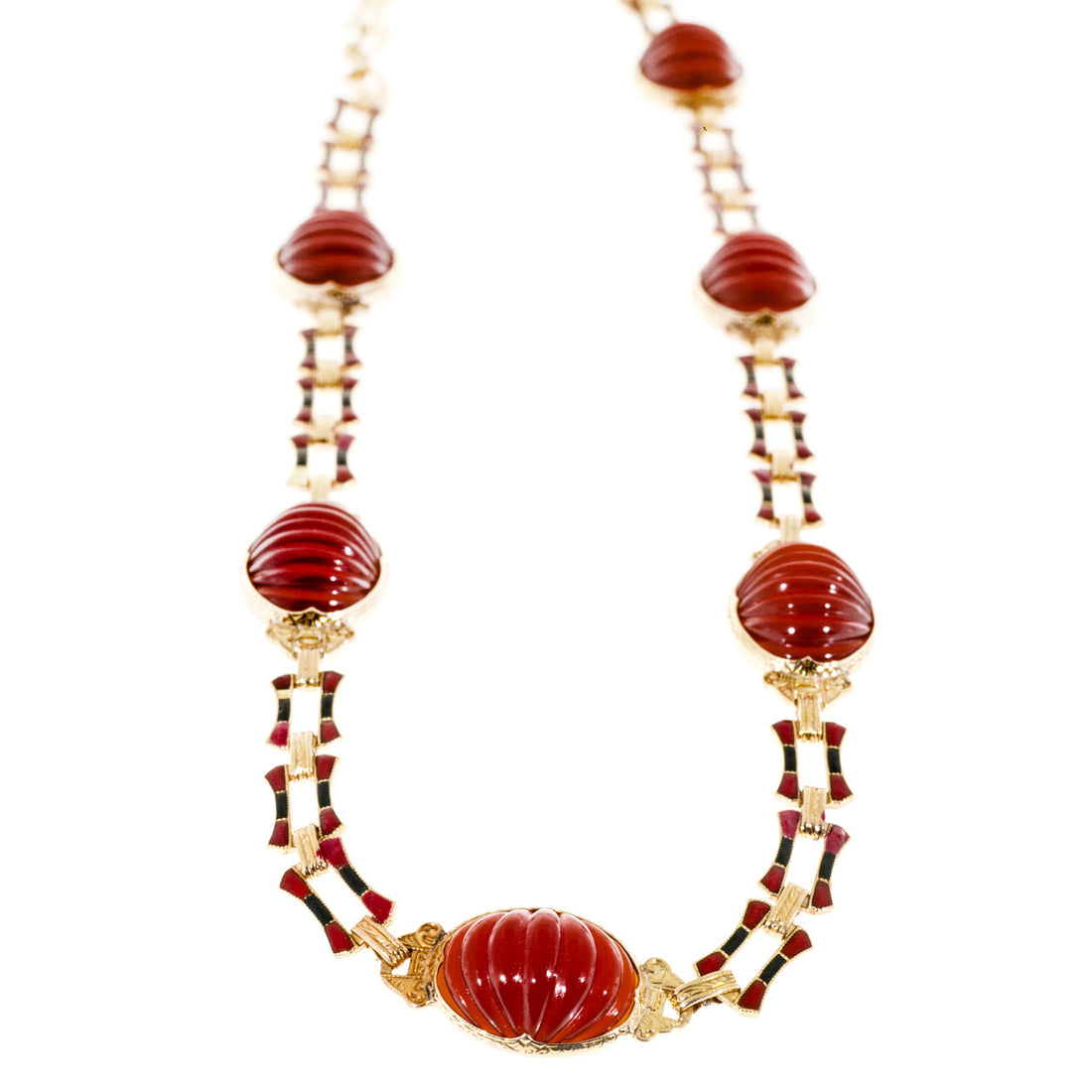 Retro Art Deco 14k Rose Gold Red Black Enamel 6 Carnelian Necklace – image 4