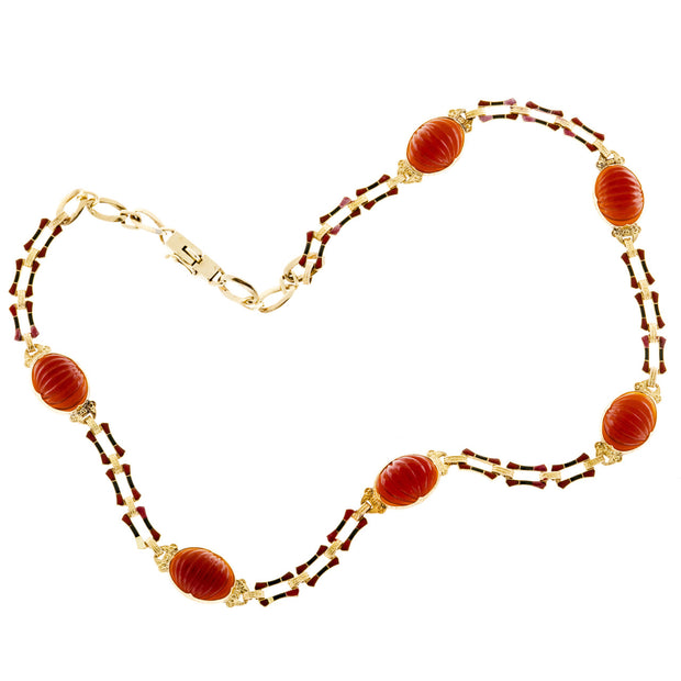 Retro Art Deco 14k Rose Gold Red Black Enamel 6 Carnelian Necklace