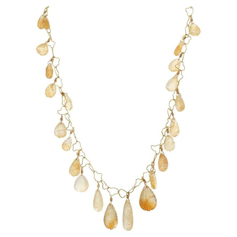 145.00 Carat Citrine Carved Quartz Yellow Gold Adjustable Necklace