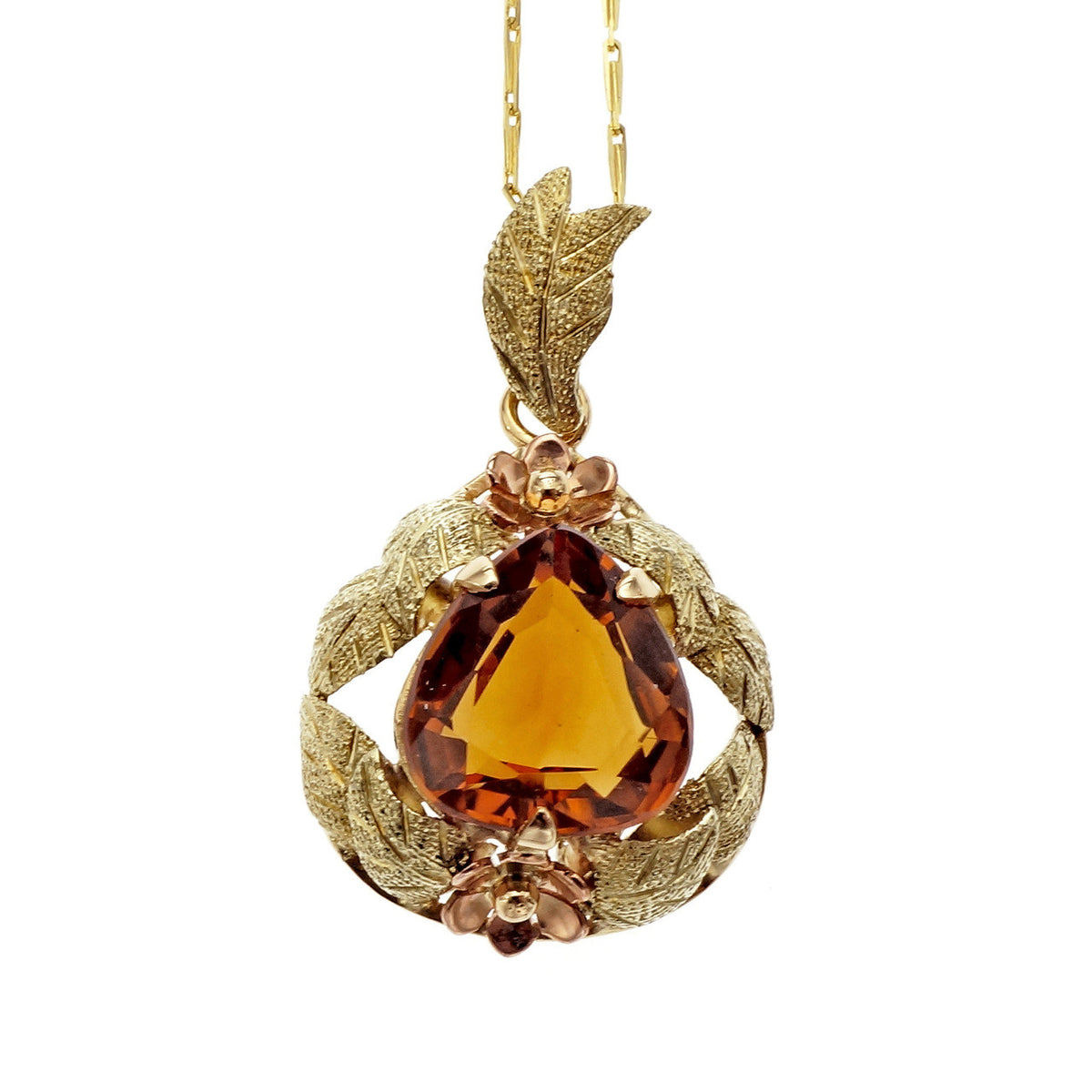 Vintage 1940 Orange Citrine Pendant Pink & Yellow 18k Gold – image 2