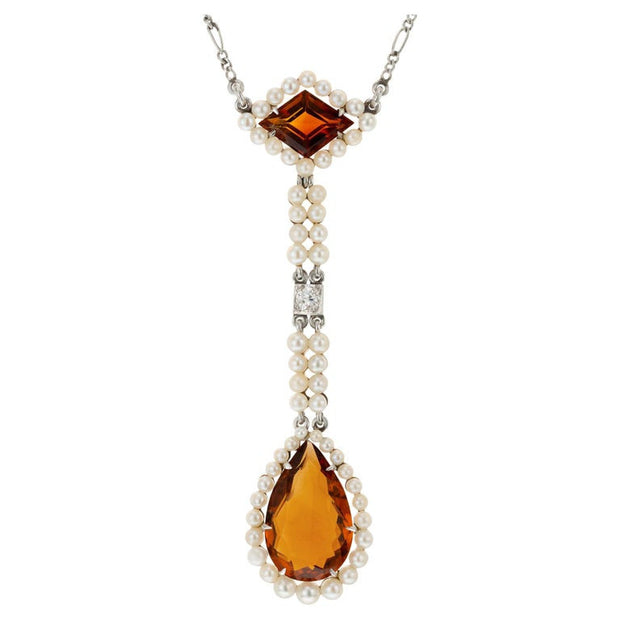 Citrine Pearl Diamond Rose Gold Platinum Lavaliere Art Deco Pendant Necklace