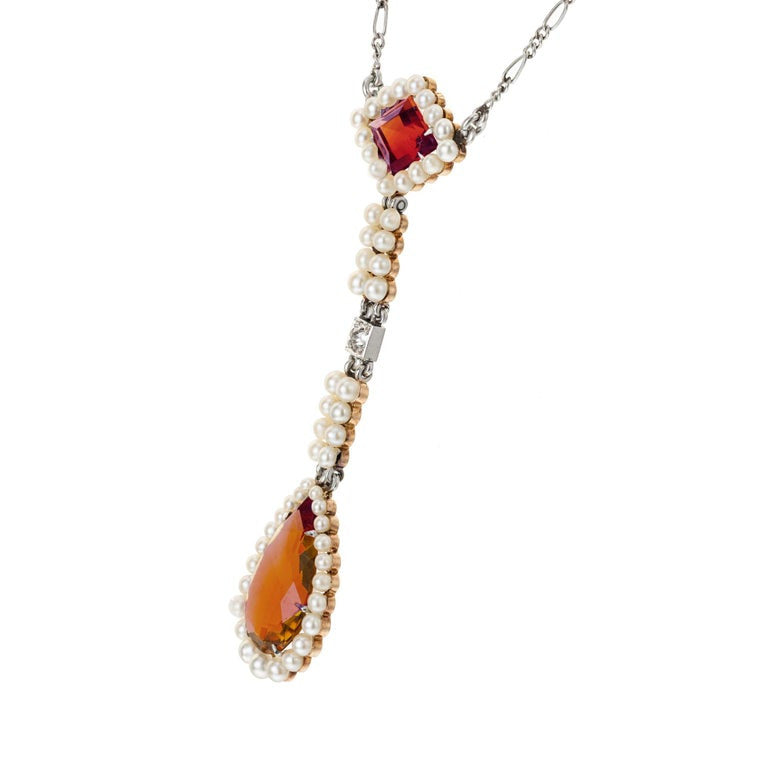 Citrine Pearl Diamond Rose Gold Platinum Lavaliere Art Deco Pendant Necklace – image 4