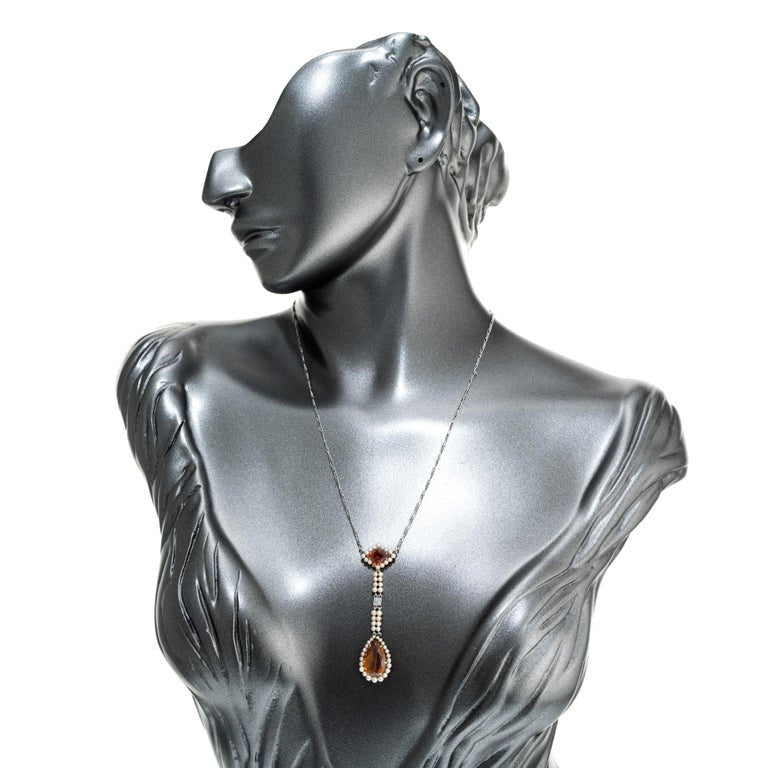 Citrine Pearl Diamond Rose Gold Platinum Lavaliere Art Deco Pendant Necklace – image 5