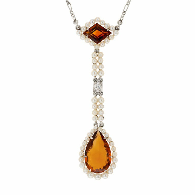 Citrine Pearl Diamond Rose Gold Platinum Lavaliere Art Deco Pendant Necklace – image 6