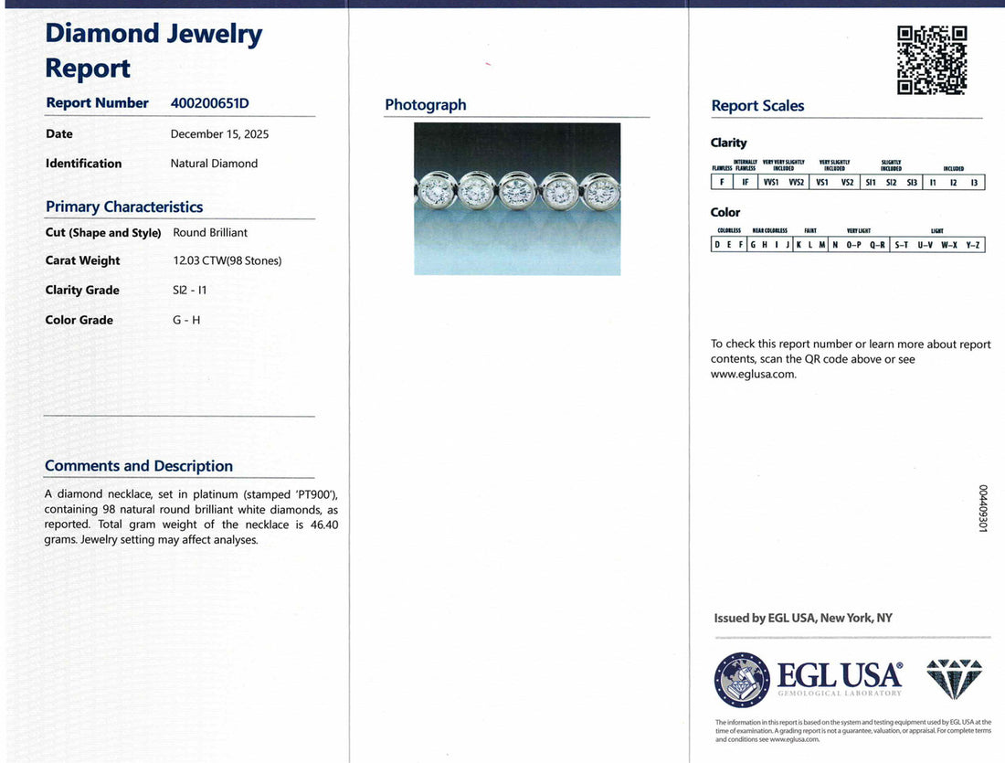EGL 12.03 Carat Diamond Bezel Set Platinum Tennis Necklace – image 3