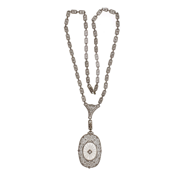 1930 Angel Skin Quartz Diamond Necklace 14k White Gold Filigree