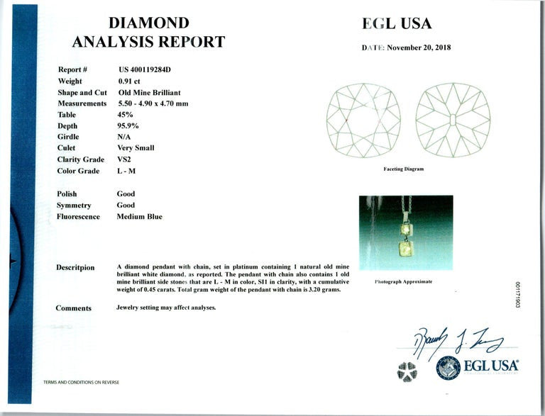 Peter Suchy EGL Certified 1.36 Carat Diamond Platinum Dangle Pendant Necklace – image 4