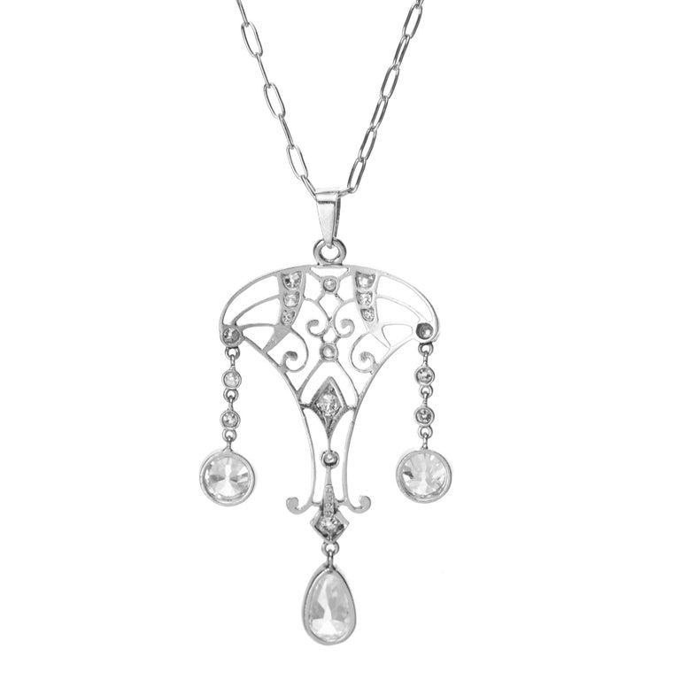 Black Starr & Frost Edwardian Pear Shaped Diamond Platinum Pendant Necklace – image 3
