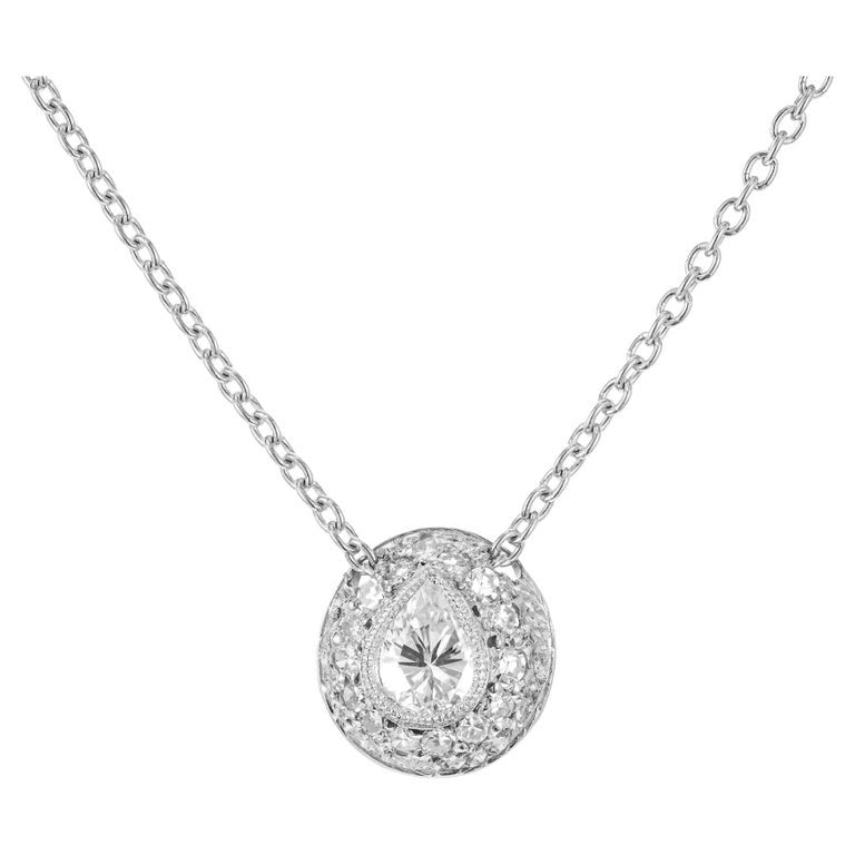 Domed Pear Pave Diamond Platinum Pendant Slide Necklace