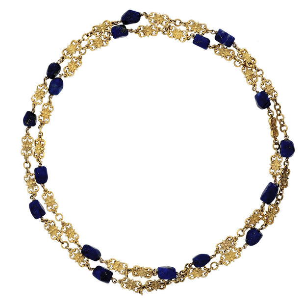 Vintage 1930 Natural GIA Lapis Necklace Long Chain 18k Gold
