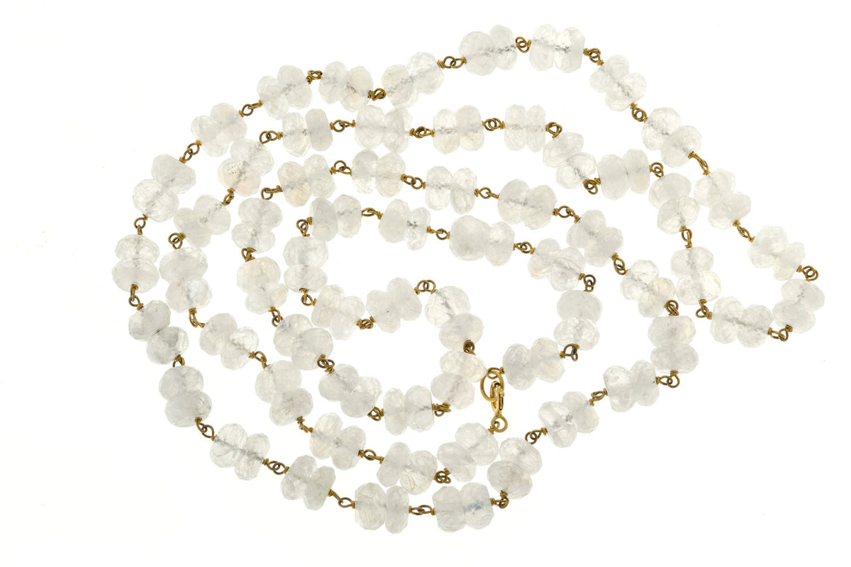 Vintage 150.00ct Blue Moonstone Rondelle Briolette Bead Necklace 14k Wire
