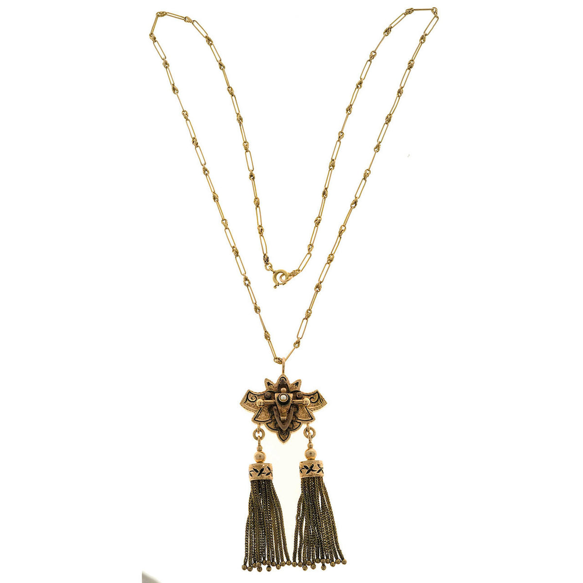 Victorian 14k Chain Double Tassel Patina Black Enamel Pearl Pendant Necklace – image 2
