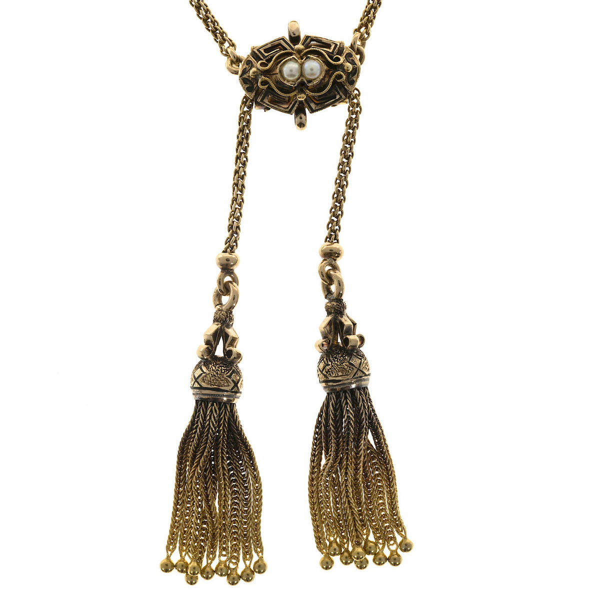 Victorian 14k Chain Double Tassel Patina Black Enamel Pearl Pendant Necklace – image 3