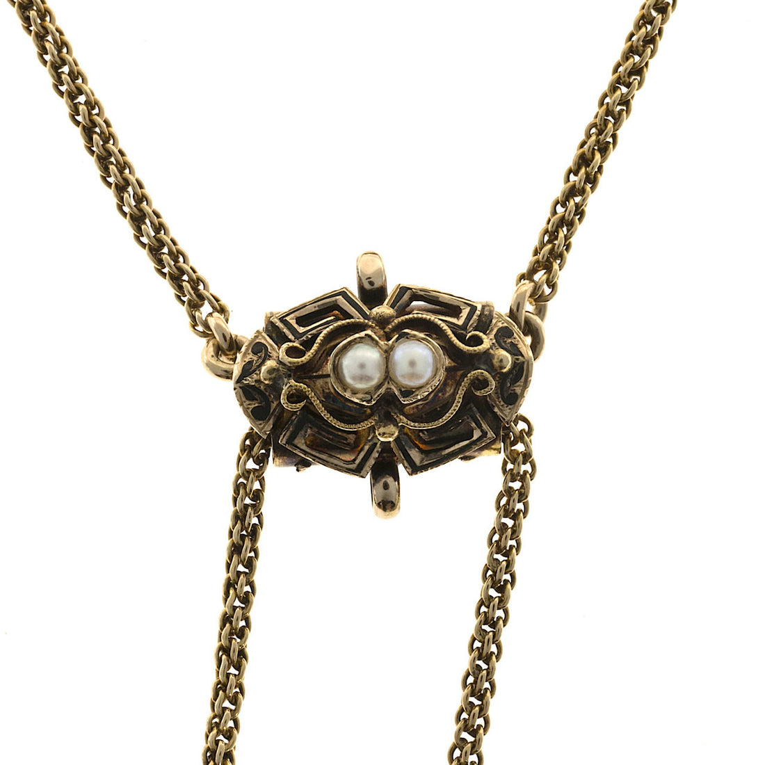 Victorian 14k Chain Double Tassel Patina Black Enamel Pearl Pendant Necklace – image 4