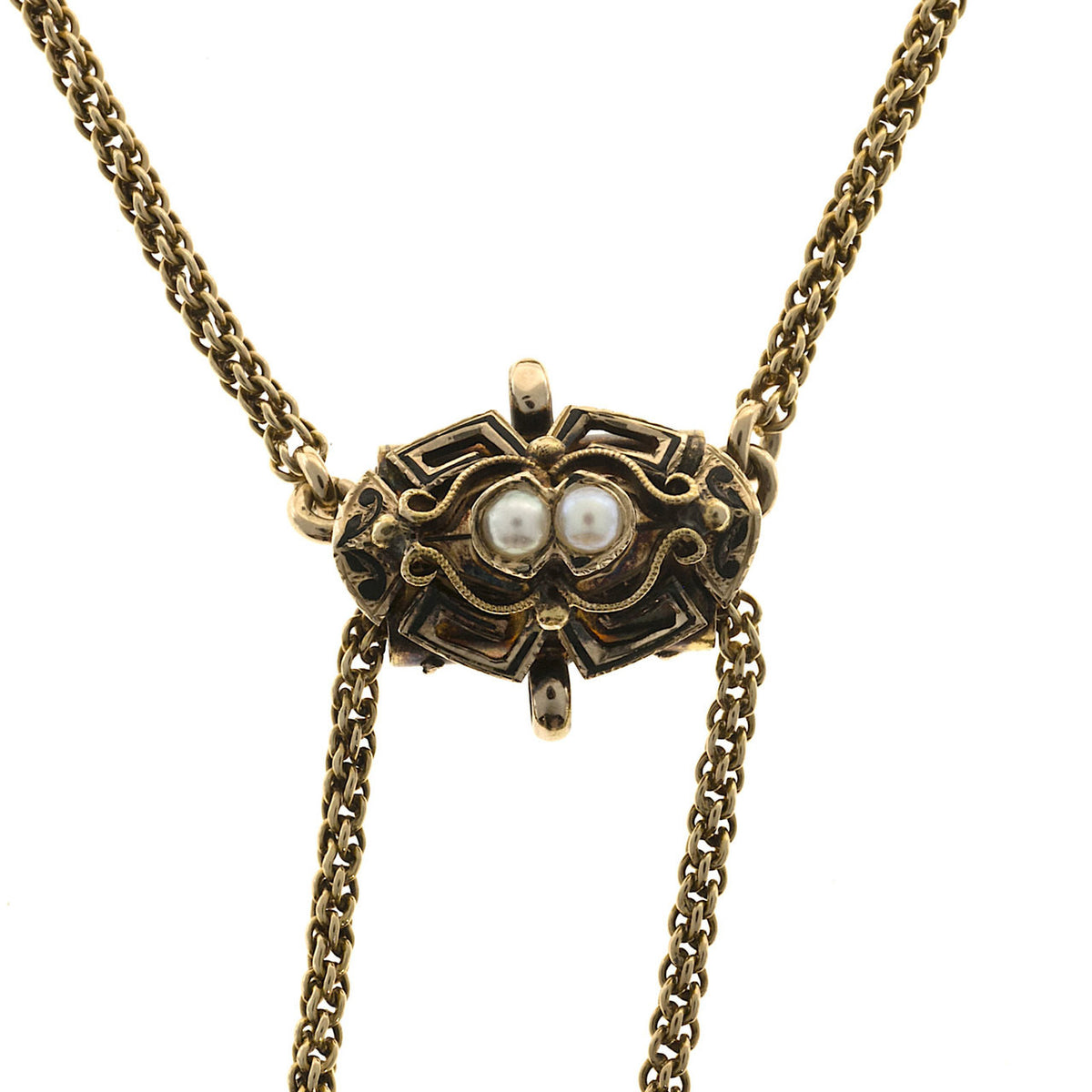 Victorian 14k Chain Double Tassel Patina Black Enamel Pearl Pendant Necklace – image 4