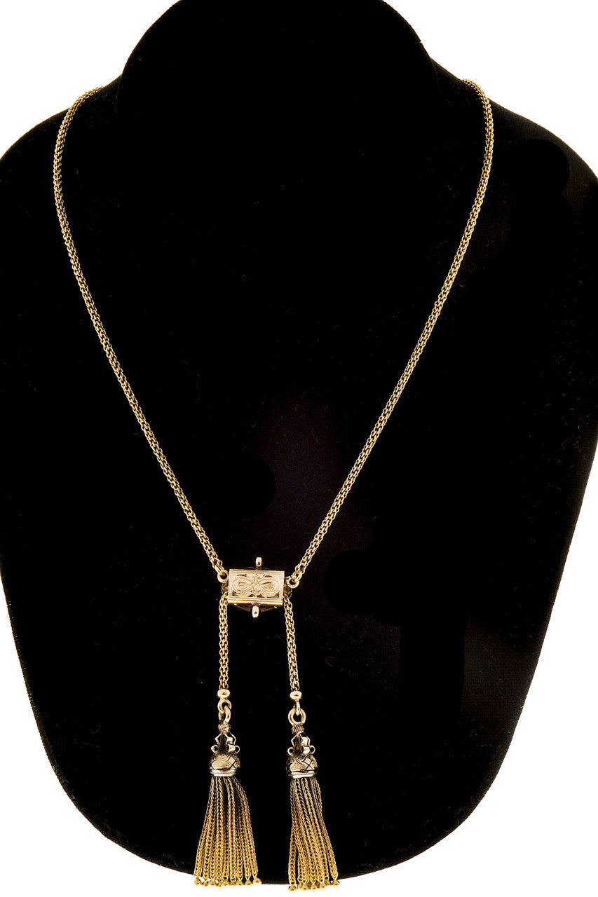 Victorian 14k Chain Double Tassel Patina Black Enamel Pearl Pendant Necklace – image 5