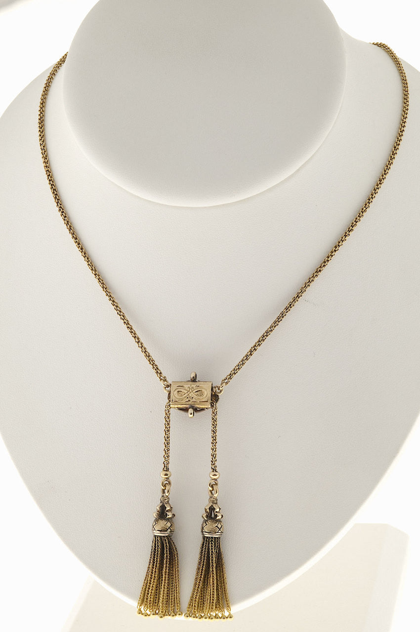 Victorian 14k Chain Double Tassel Patina Black Enamel Pearl Pendant Necklace – image 6