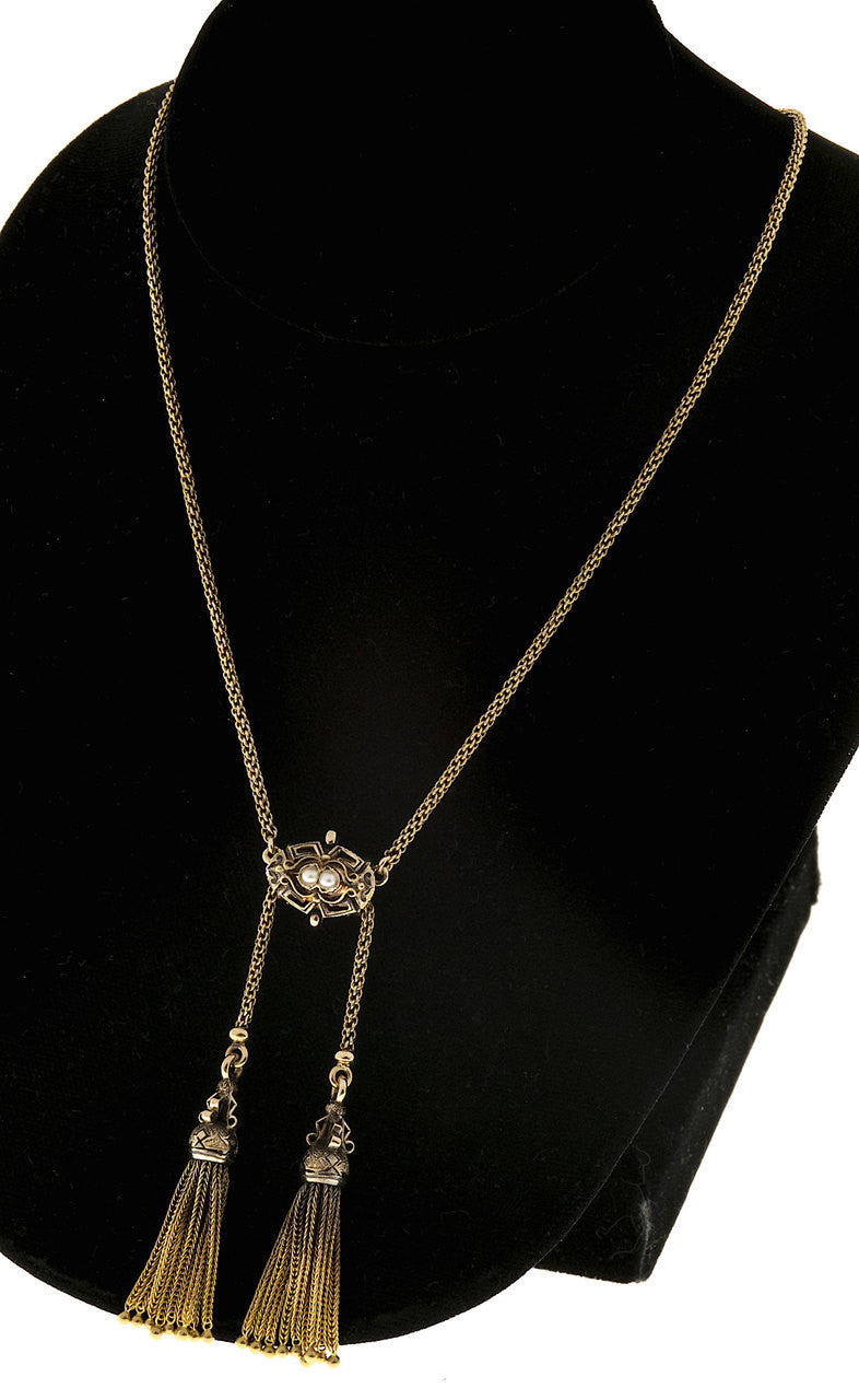 Victorian 14k Chain Double Tassel Patina Black Enamel Pearl Pendant Necklace – image 7
