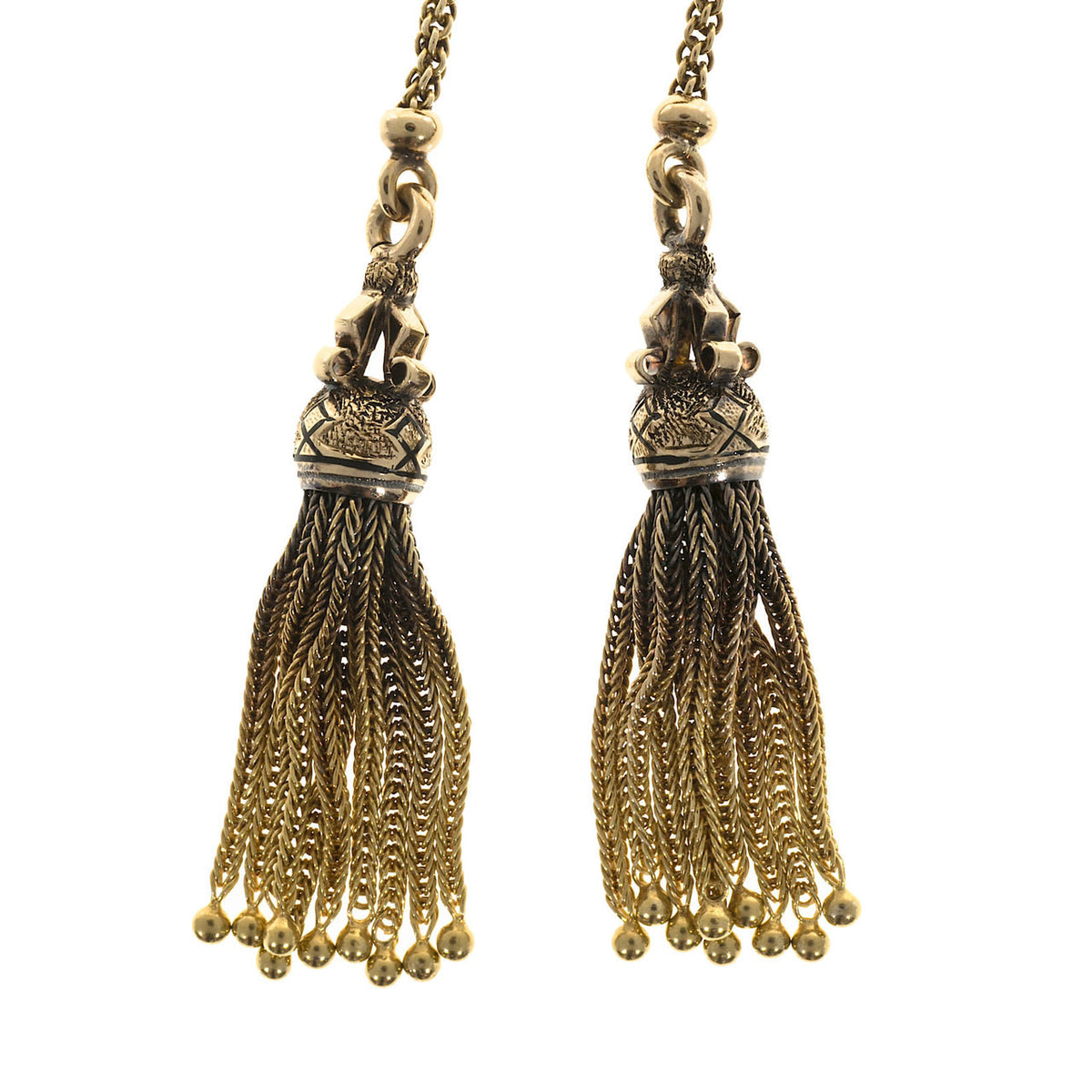 Victorian 14k Chain Double Tassel Patina Black Enamel Pearl Pendant Necklace – image 8