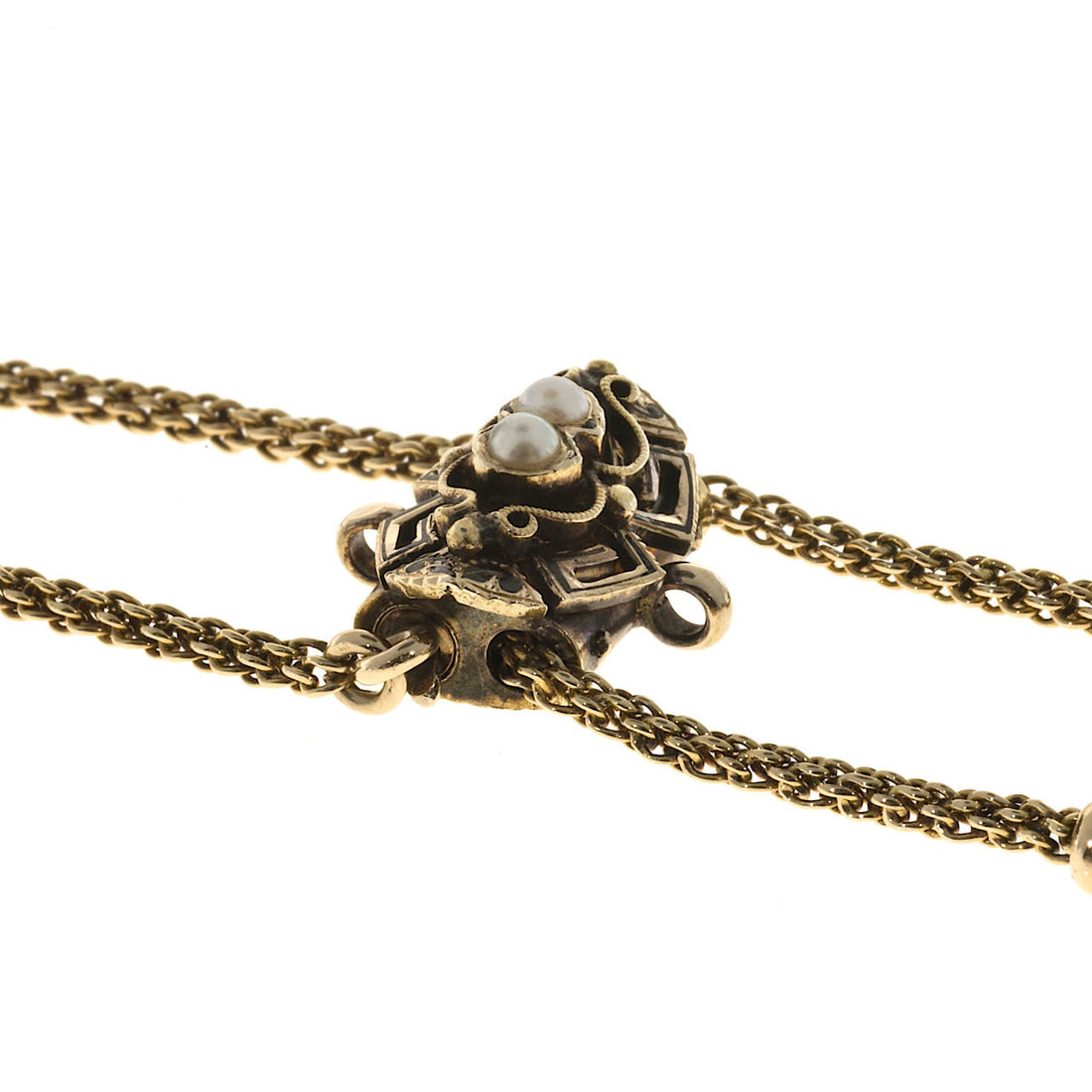 Victorian 14k Chain Double Tassel Patina Black Enamel Pearl Pendant Necklace – image 9