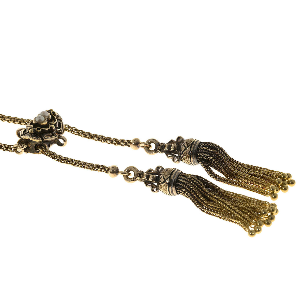 Victorian 14k Chain Double Tassel Patina Black Enamel Pearl Pendant Necklace – image 10